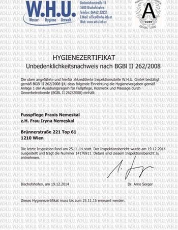 WHU Hygienezertifikat Unbedenklichkeitsnachweis nach BGBI II 262/2008 ausgestellt auf Iryna Nemeskal