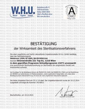 WHU Bestätigung der Wirksamkeit des Sterilisationsverfahrens